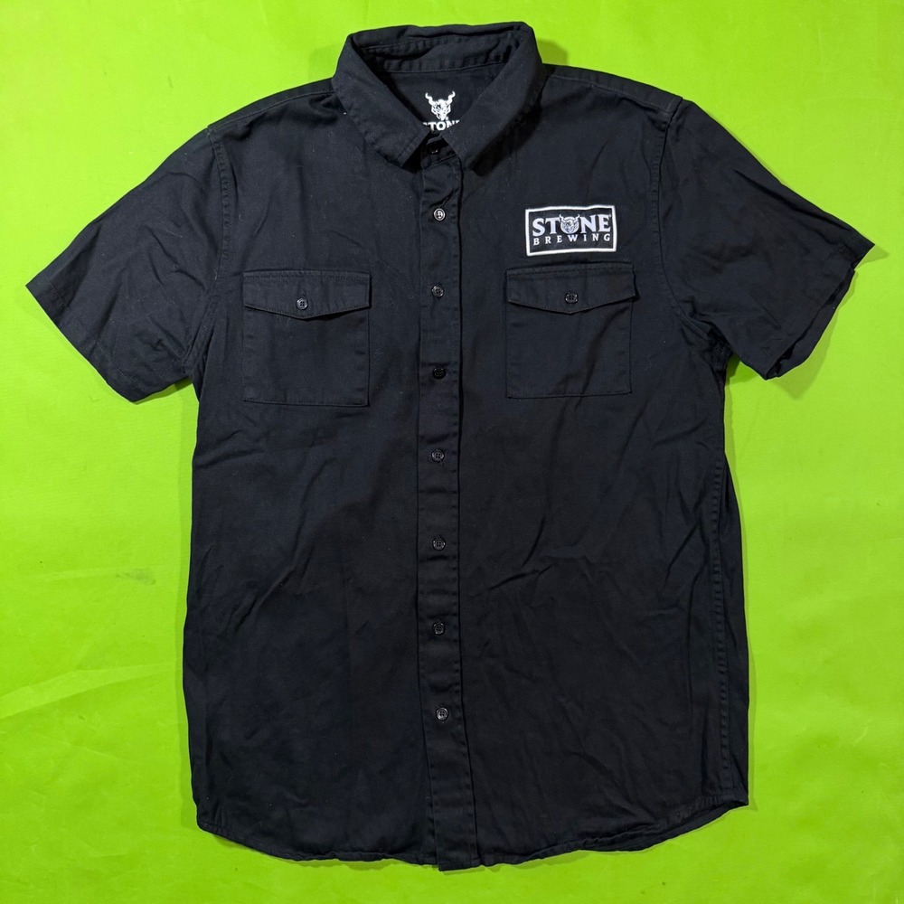 Stone Brewing Black Short Sleeve Button Down Work Shirt Mens Medium Logo Patch